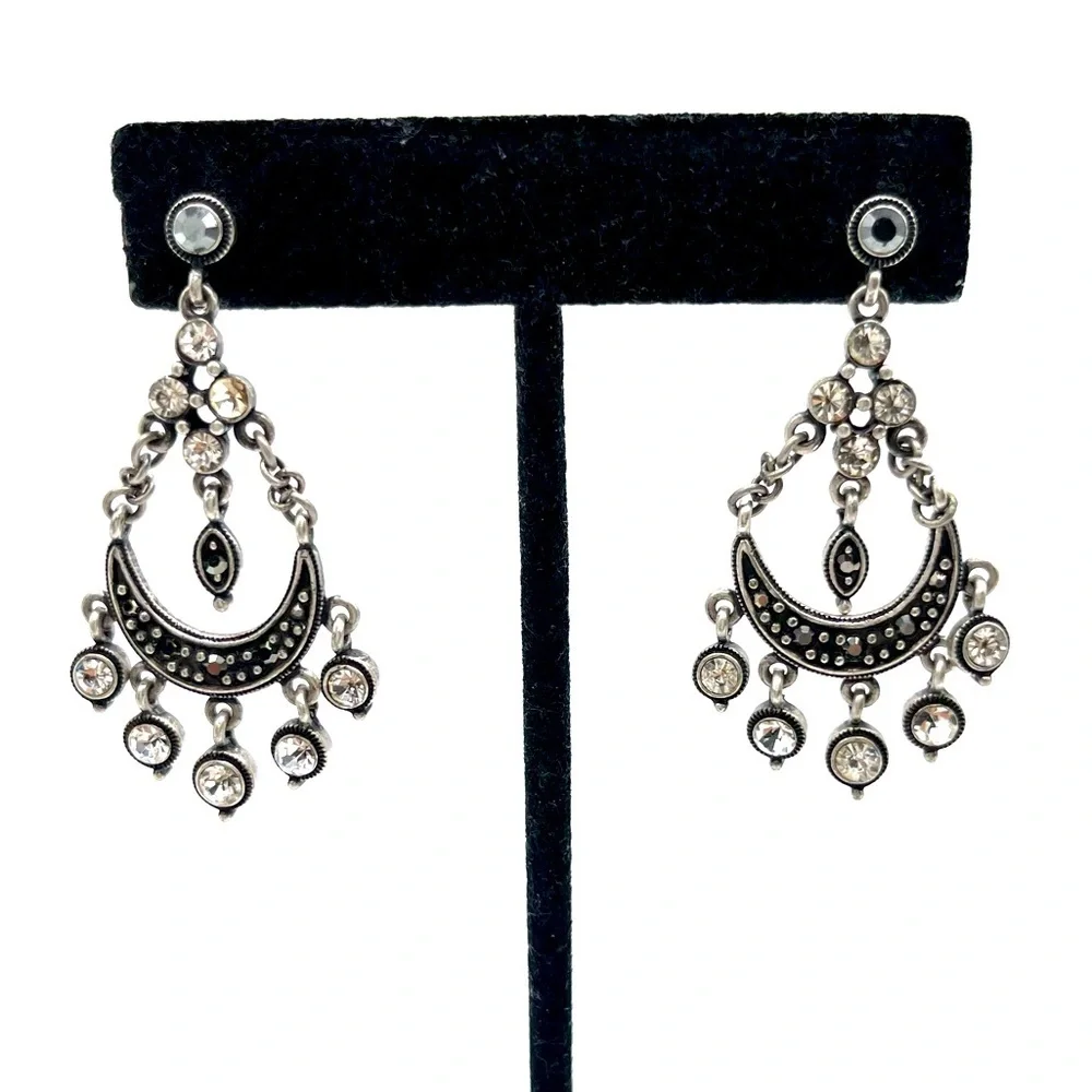 Chandelier Earrings w/ Crystal and Metal stones on Silver-tone